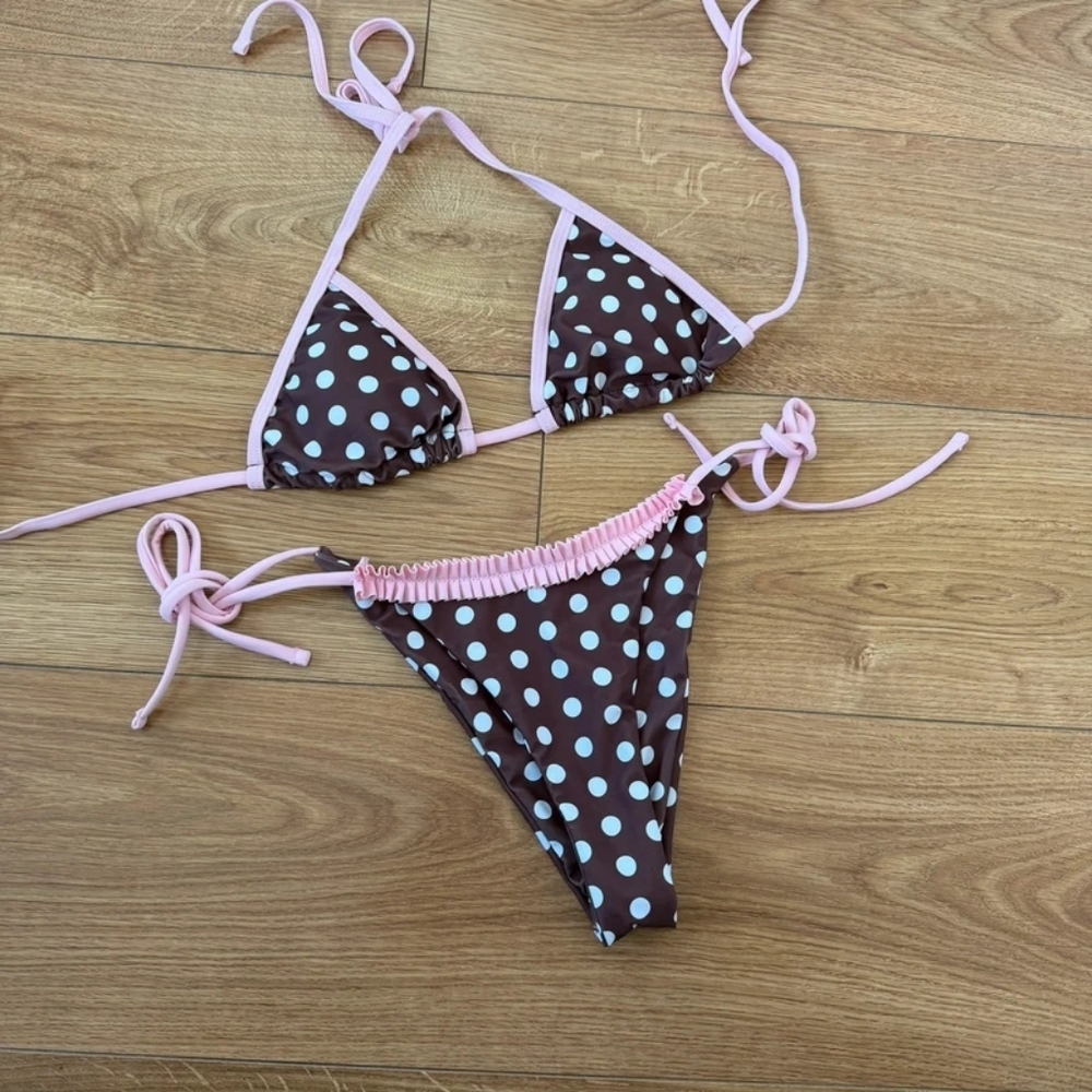 Polka Dot Triangle String Bikini - Brown & Light Blue with Pink Trim